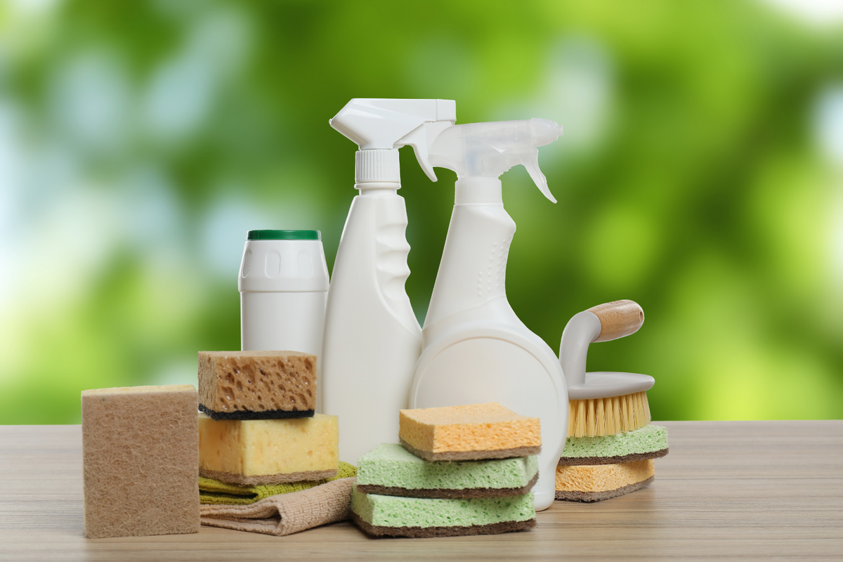 Cleaning products on the table. 