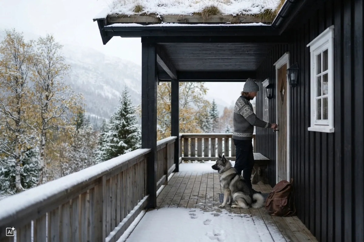Un homme verrouille la porte d'un chalet de montagne norvégien, la fermant pour l'hiver après la première chute de neige.