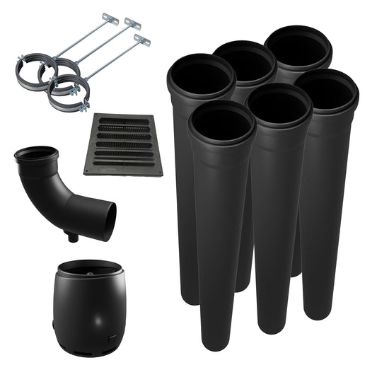 Collection of black PVC ventilation pipes and components on a white background