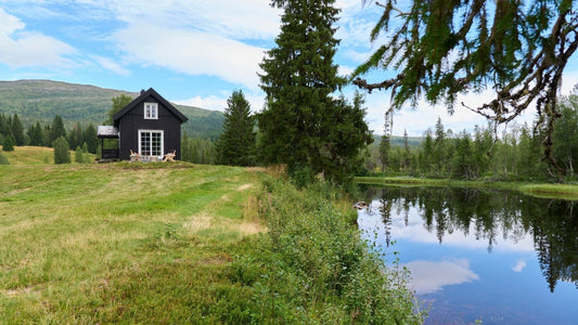 Cabane confortable au bord d'un lac, montagnes en arrière-plan.