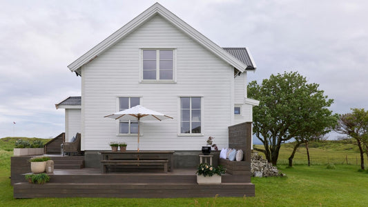 Sommerhus i frodig grønt landskap.